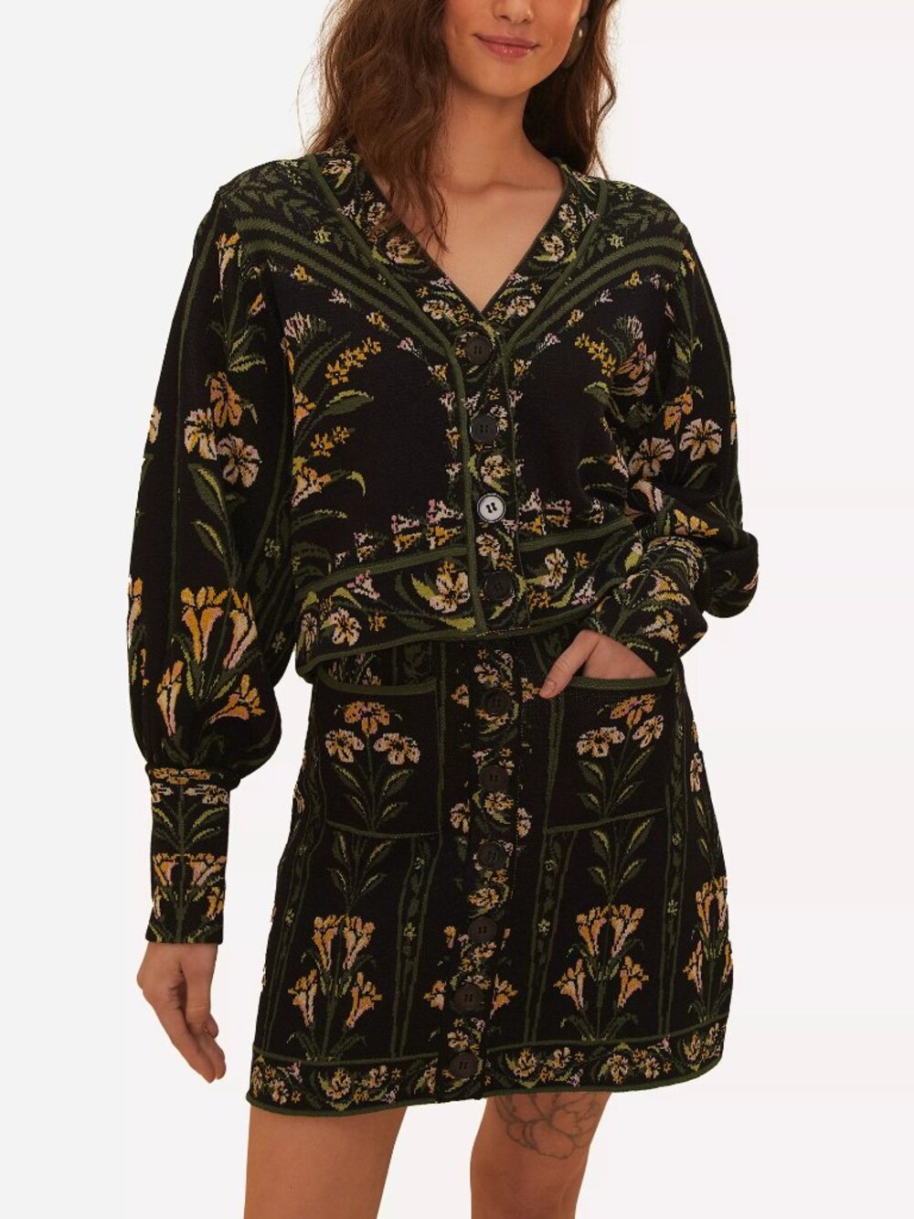 Farm Rio Black Flowers Arch Knit Skirt